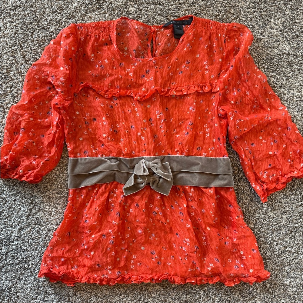 Marc Jacobs Red Floral Blouse with Bow Accent
